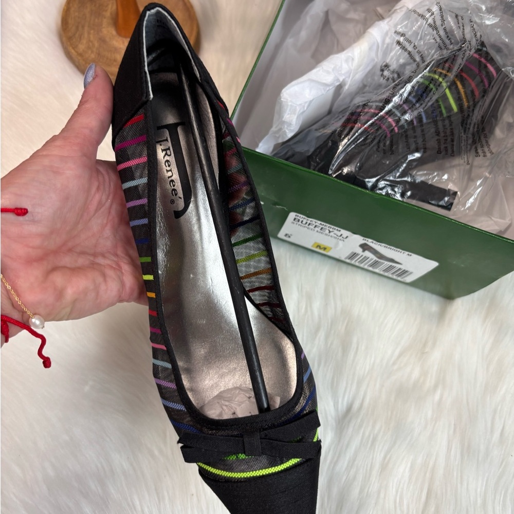 NWT Anthropologie Black Heels with Multicolor Stripes - Picture 5 of 10